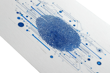 Abstract fingerprint graphic overlaid with circuit lines