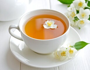 White teacup of amber tea, jasmine blossoms