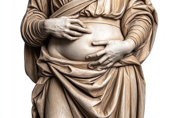 Close-up of a sculpted pregnant woman. Hands gently cradling abdomen