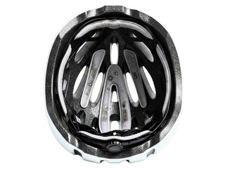 Top-down view of the inside of a bicycle helmet with padding on a transparent background