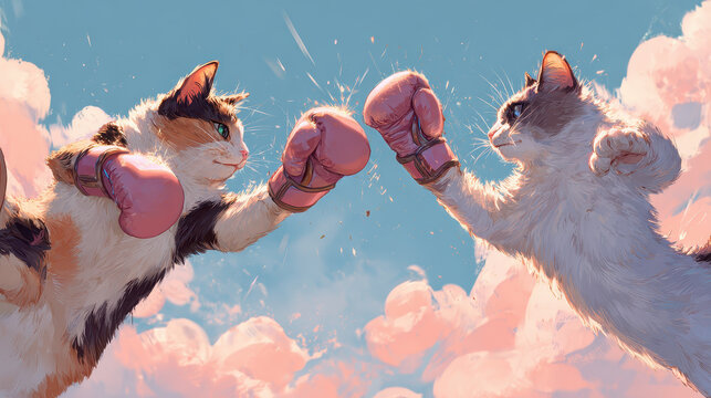 Feline Championship: Two determined cats, adorned in boxing gloves, engage in an artistic display of pugilistic prowess against a serene backdrop of fluffy clouds, capturing a unique spectacle.