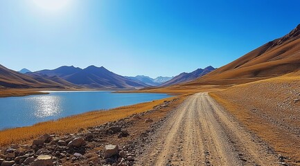 Dusty road winds through a valley to a lake.  Mountains surround