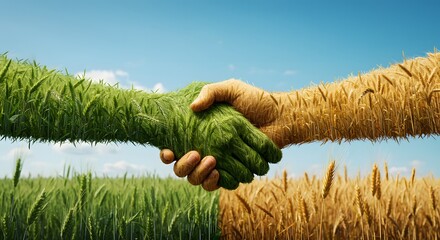 Concept of green agriculture agreement with a handshake on a wheat field.