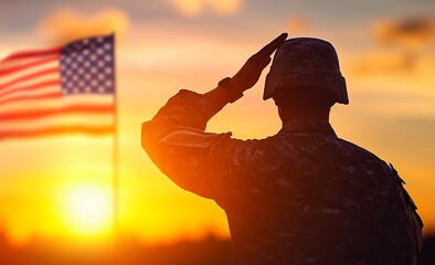 Silhouette of soldier saluting American flag at sunset (2)