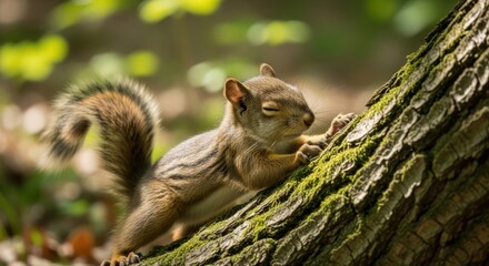 Fototapeta premium A curious squirrel climbing up a mossy tree trunk in a forest with warm, natural lighting.