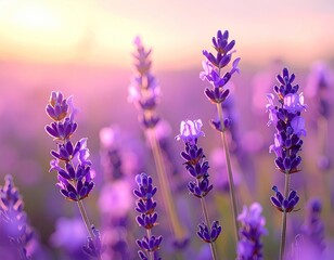 Obraz premium Soft-focus close-up of lavender flowers bathed in warm sunset light, showcasing delicate purple blooms against a blurred background of more lavender