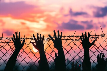 Silhouette hands reaching toward a barbed wire fence at sunset (1)