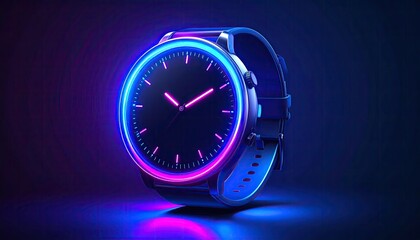 Sleek smartwatch with neon pink and blue accents, minimalist face, dark background, reflecting light