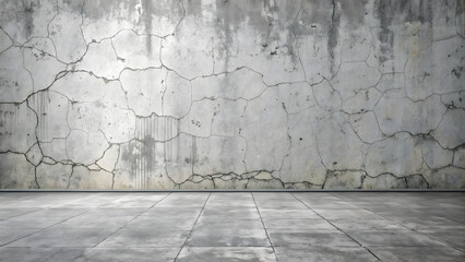 Severely cracked concrete wall displays dramatic weathering patterns and structural damage in stark minimalist interior design composition