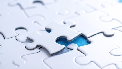 Close-up of a single white jigsaw puzzle piece about to be placed, revealing a hint of blue underneath a field of other interlocked pieces