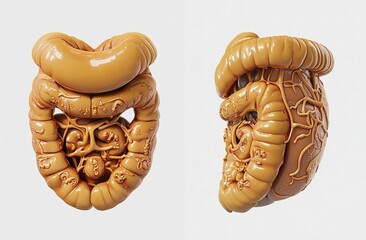 Two views of a stylized, 3D rendered digestive system,  showing organs in a light beige/orange hue, on a plain background