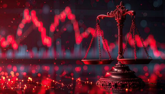 A dark, ornate scale of justice sits before a blurred background of sharply falling red stock market graphs, suggesting financial instability or legal ramifications