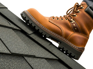 Leather work boot stepping on dark asphalt roofing shingles on a transparent background