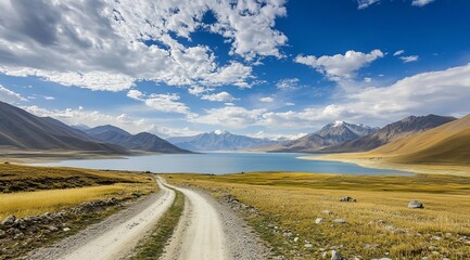 A dirt road winds through a golden meadow towards a serene lake, set against majestic mountains under a vibrant sky