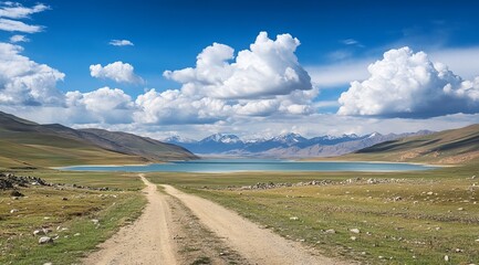 Mountain lake vista; dirt road leads to tranquil alpine scene