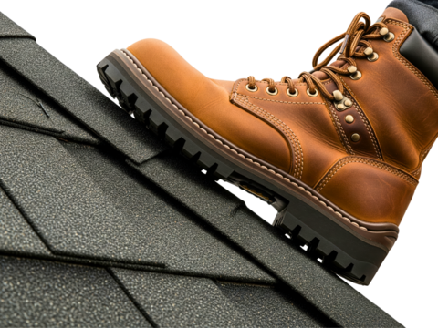 Leather work boot stepping on dark asphalt roofing shingles on a transparent background