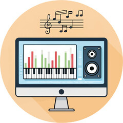 Obraz premium Digital Piano and Music Equalizer on Computer Screen Illustration