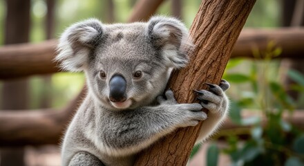 Fototapeta premium A cute koala bear clinging to a tree trunk with its paws in a natural outdoor setting with warm lighting.