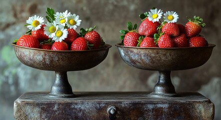 Two rustic bowls of strawberries, adorned with daisies, sit on an antique scale
