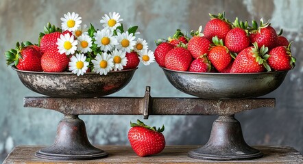 Strawberries and daisies on antique scales