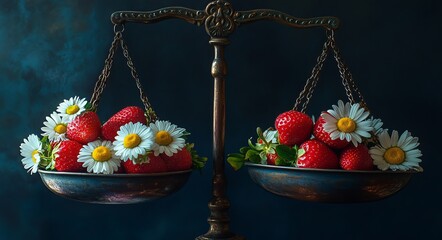 Antique scales balanced with strawberries and daisies