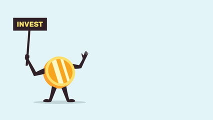 Coin character, invest concept, money management, save cash, financial sustainability, copy space for text