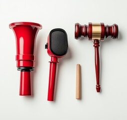 Flat lay of red megaphone, black speaker, wooden gavel, and mallet handle on white background