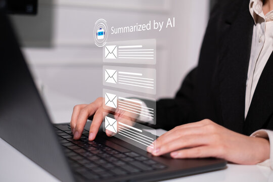 Businessman using artificial intelligence as personal assistant smart tool technology to summarize email electronic mail in every morning online productivity futuristic innovation development support