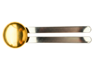 Coffee scoop measuring spoon with a built-in bag clip handle on a transparent background