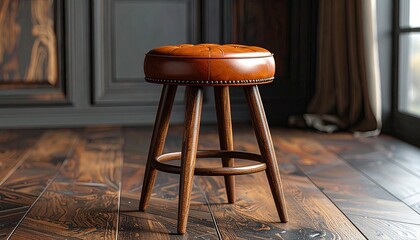 A brown leather tufted stool with dark wood legs sits on a rich hardwood floor in a dimly lit room