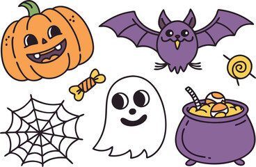 A cute cartoon set of Halloween vector icons featuring pumpkin, witch hat, ghost, bat, and spider silhouettes for fun holiday design