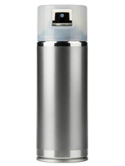 Brushed stainless steel aerosol can with a translucent lid on a transparent background