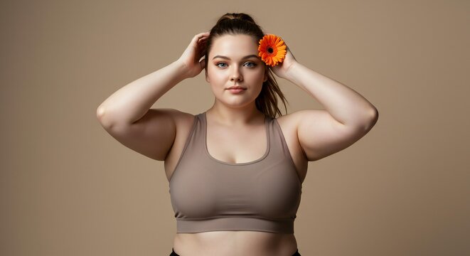Thoughtful Poise: Plus-Size Woman, Orange Flower at Chin, Warm Photorealism