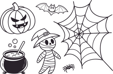 Fun black vector set with cartoon illustration of Halloween animal icons and a spiderweb background for a children's coloring book