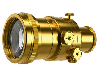 Ornate golden vintage lens with multiple adjustment knobs on a transparent background