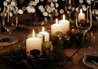 A Warm And Inviting Table Setting Illuminated By Soft Candlelight, Featuring Elegant Wine Glasses And Festive Greenery, Perfect For Special Occasions.