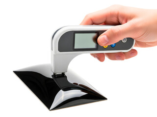 Hand holding a gloss meter to measure a shiny black surface on a transparent background
