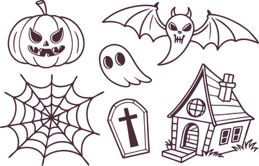 Cartoon vector illustration set of Halloween icons with outline sketch design for a coloring book or holiday doodle collection