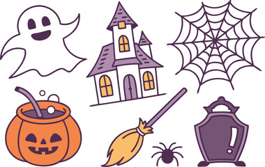 A vector cartoon set of Halloween icons including a pumpkin, bat, cat, witch hat, ghost, and fantasy castle illustration
