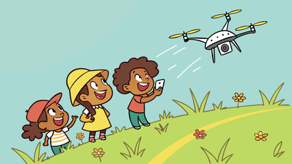 Three diverse children in a cartoon style happily flying a camera drone outdoors on a grassy hill.