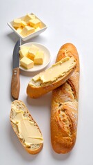 Buttered baguette slices on white background