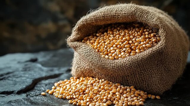 Burlap sack spilling golden corn kernels on stone