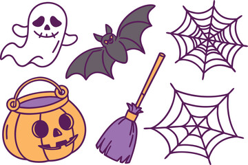 A cartoon vector illustration set of Halloween symbols and icons including a witch with a bat, cat, hat, and pumpkin decoration