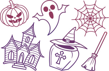 A vector illustration set of Halloween cartoon people and symbols with a vintage art design