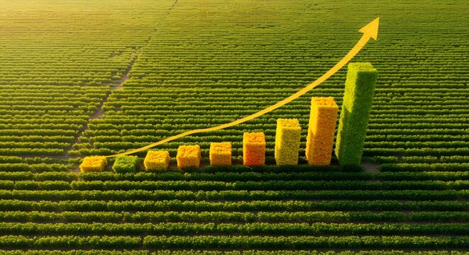Aerial view of chart-shaped crops in a cultivated field symbolize economic growth.