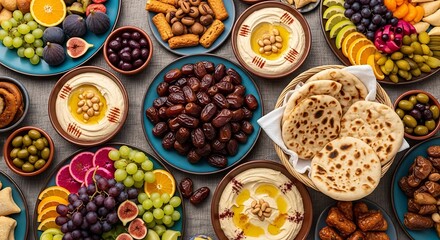 Colorful Food Arrangement with Hummus, Dates, Bread and Fruit