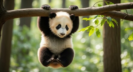 Obraz premium A giant panda hangs upside down from a tree branch in a lush forest with green foliage, looking directly at the camera