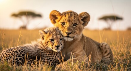 Obraz premium Two adorable cheetah cubs cuddling in a serene savannah landscape with warm golden light and acacia trees in the