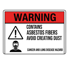 Warning sign indicating asbestos fibers and cancer hazard with person wearing gas mask