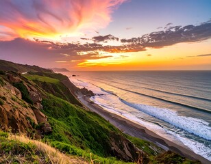 Vibrant sunset over a dramatic coastal landscape, showcasing a rocky cliff, green vegetation, and ocean waves rolling onto a sandy beach